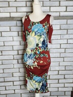 Sol & Cielo Women's Cold Shoulder Floral Ruched Midi Dress Small Multicolor